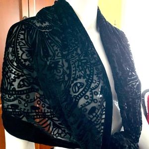 Black sheer velvet long wrap shawl with tassel end